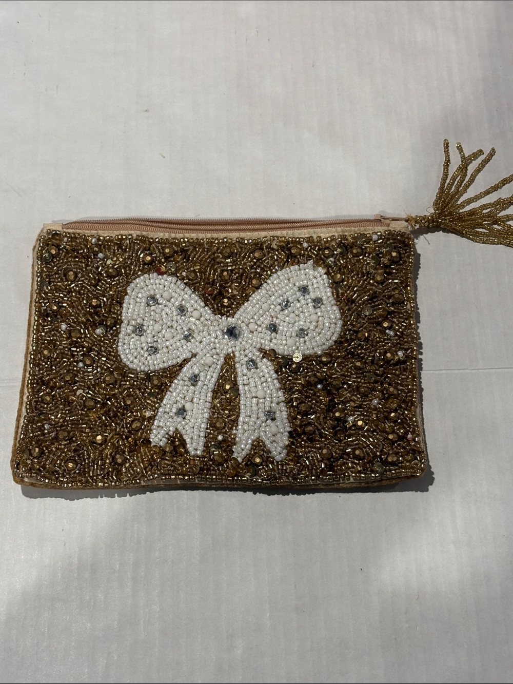 Beaded Gold Wristlet Clutch with White Bow Accent